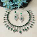 Rhodium-Plated Green American Diamond Studded Oval & Teardrop Shaped Necklace & Earrings Jewellery Set