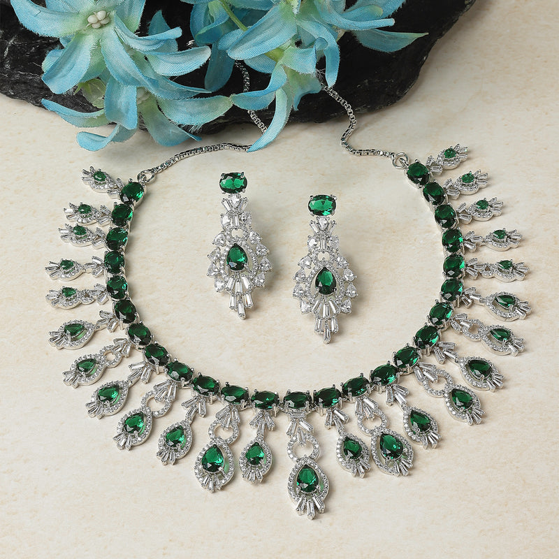 Rhodium-Plated Green American Diamond Studded Oval & Teardrop Shaped Necklace & Earrings Jewellery Set