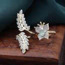 Gold-Plated  Flower & Leaf Shaped Sea Green Cubic Zirconia Studded  Ring
