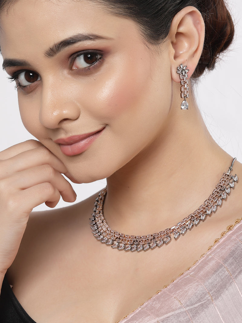 Rose Gold-Plated White and Rose Black American Diamond Studded Necklace & Earrings Jewellery Set