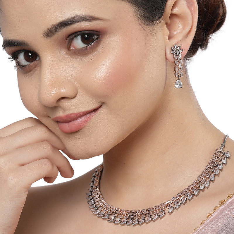 Rose Gold-Plated White and Rose Black American Diamond Studded Necklace & Earrings Jewellery Set