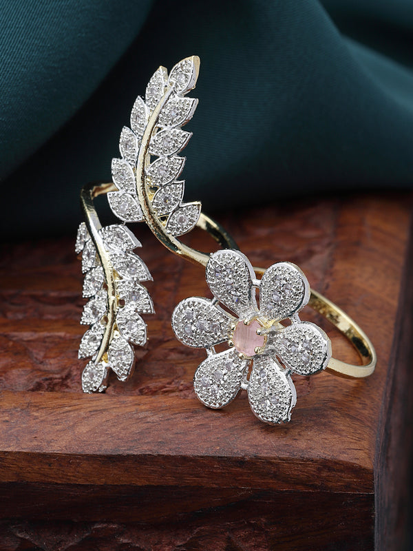 Gold-Plated Pink & White American Diamond Studded Floral & Leaf Shaped Adjustable Finger Ring