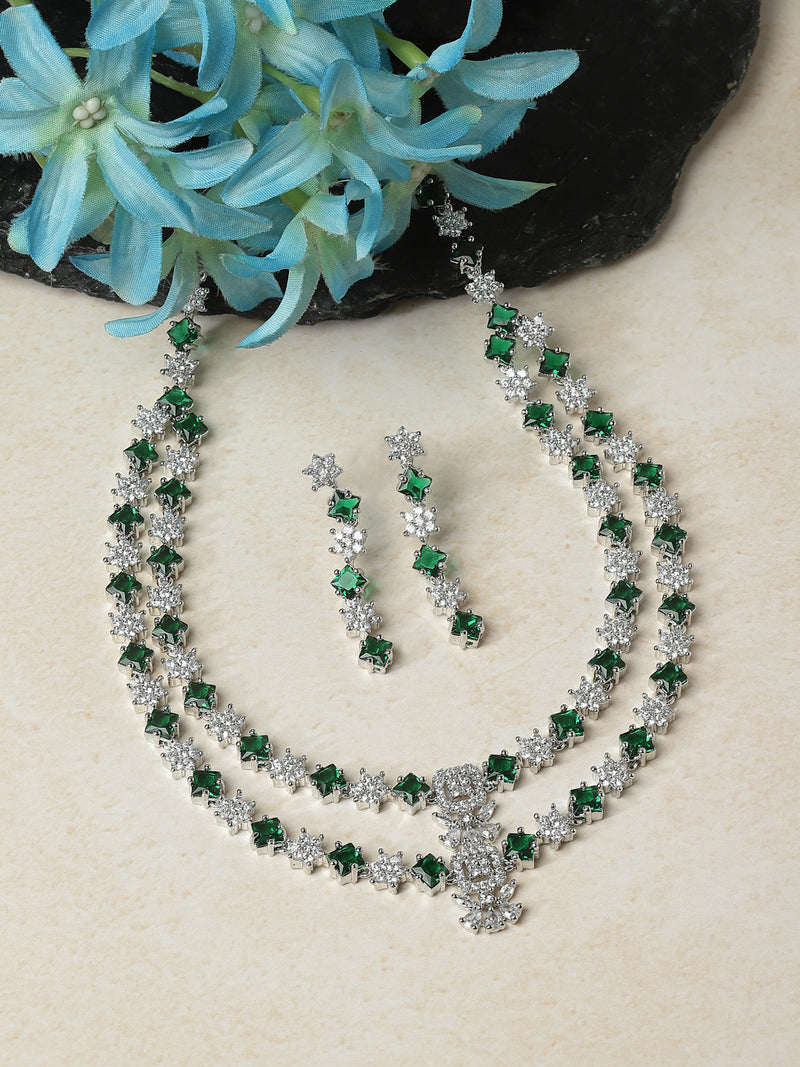 Rhodium-Plated Green American Diamond Studded Star Shaped Layered Necklace & Earrings Jewellery Set