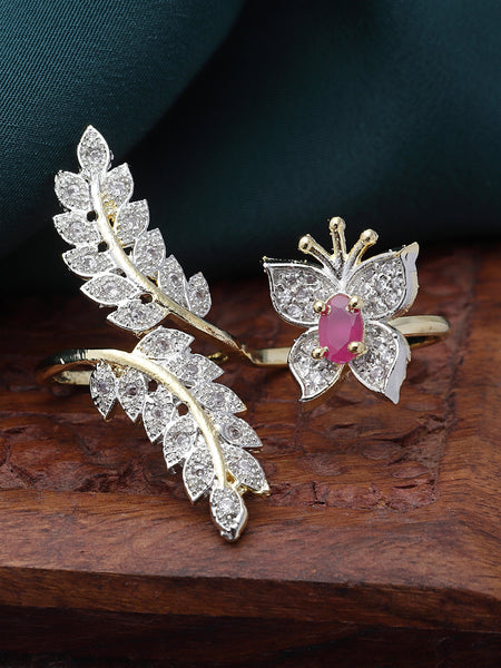Gold-Plated Red & White American Diamond Studded Butterfly & Leaf Shaped Adjustable Finger Ring