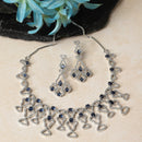 Rhodium-Plated Navy Blue American Diamond Studded Quirky Design Necklace with Earrings Jewellery Set