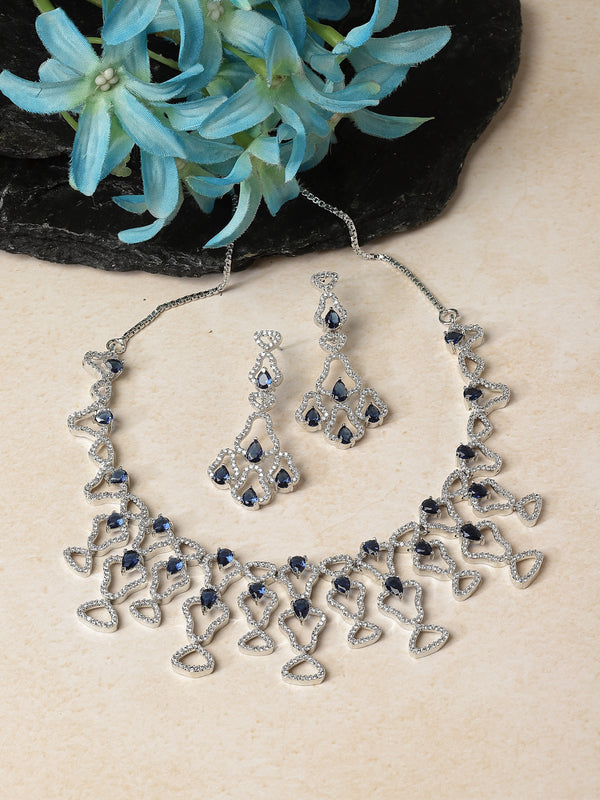 Rhodium-Plated Navy Blue American Diamond Studded Quirky Design Necklace with Earrings Jewellery Set