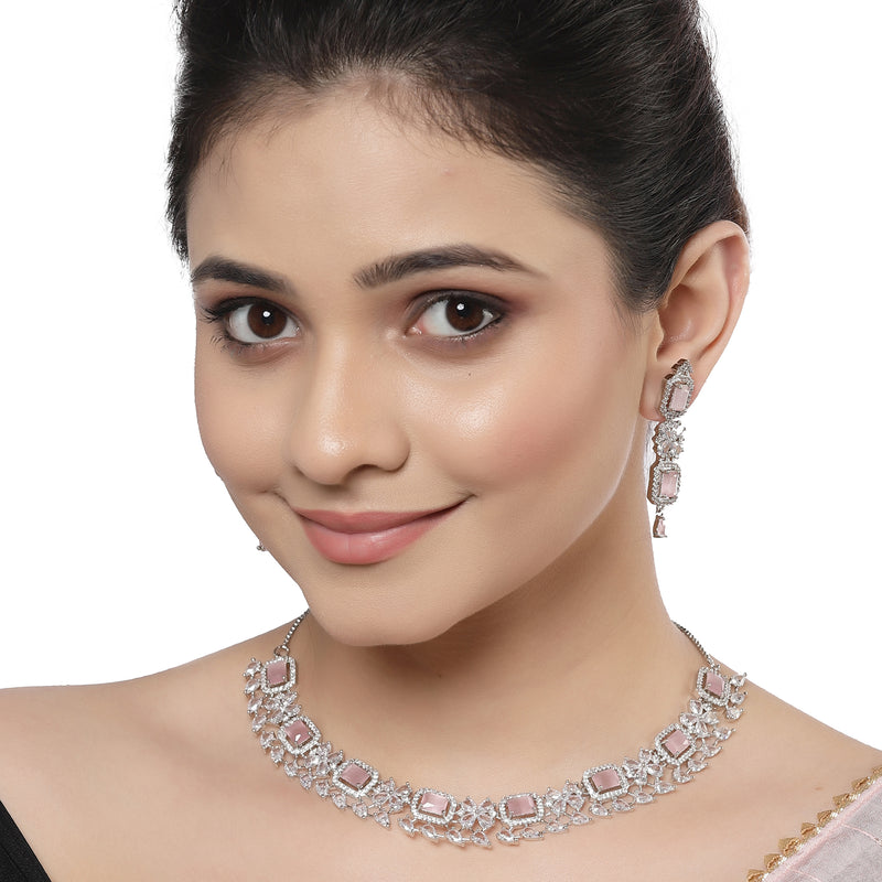 Rhodium-Plated with Silver-Toned Pink and White American Diamond Studded Necklace and Earrings Jewellery Set