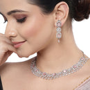 Rhodium-Plated with Silver-Toned Pink and White American Diamond Studded Necklace and Earrings Jewellery Set