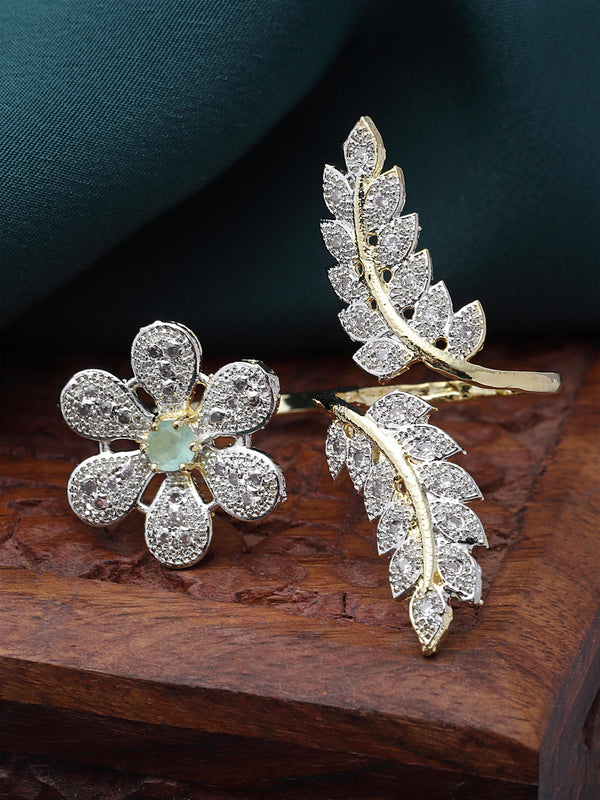 Gold-Plated Sea Green & White American Diamond Studded Floral & Leaf Shaped Adjustable Finger Ring