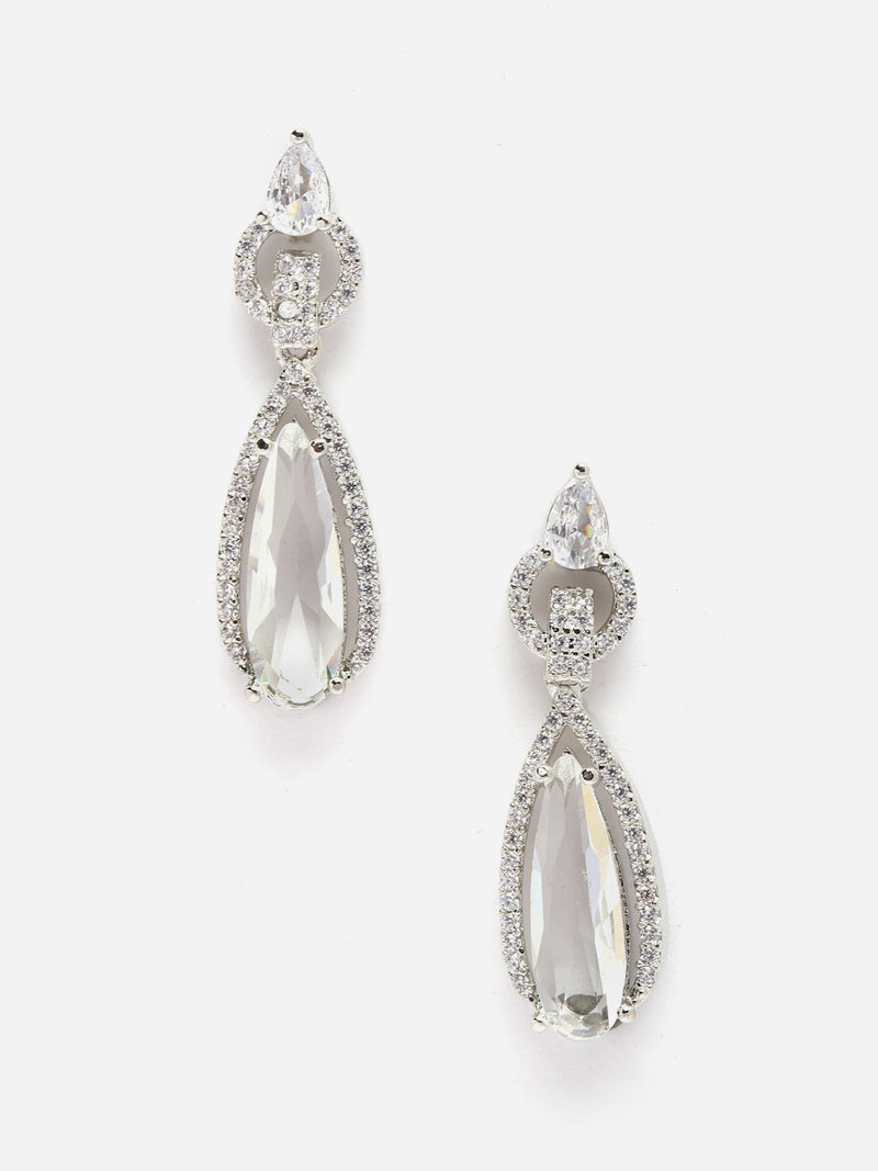 Rhodium-Plated White American Diamond studded Handcrafted Long Teardrop Shaped Drop Earrings