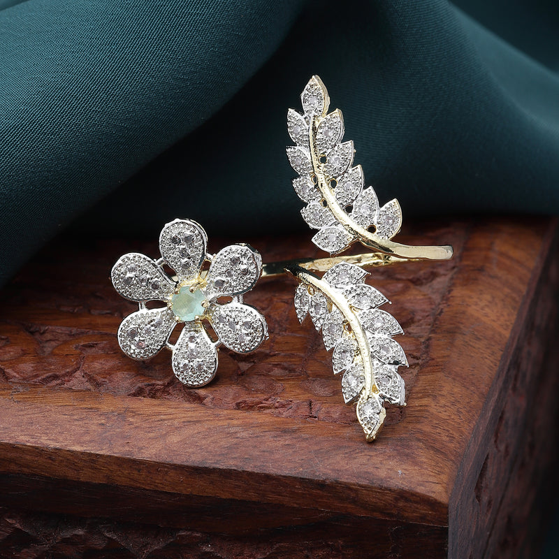Gold-Plated Floral & Leaf Shaped Sea Green & White Cubic Zirconia Studded  Ring