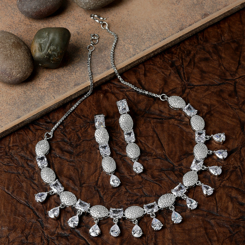 Rhodium-Plated White American Diamond Studded Intriguing Necklace & Earrings Jewellery Set