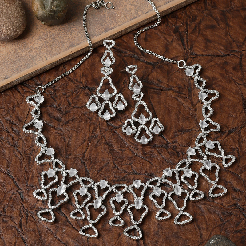 Rhodium-Plated Grey American Diamond Studded Quirky Design Necklace with Earrings Jewellery Set