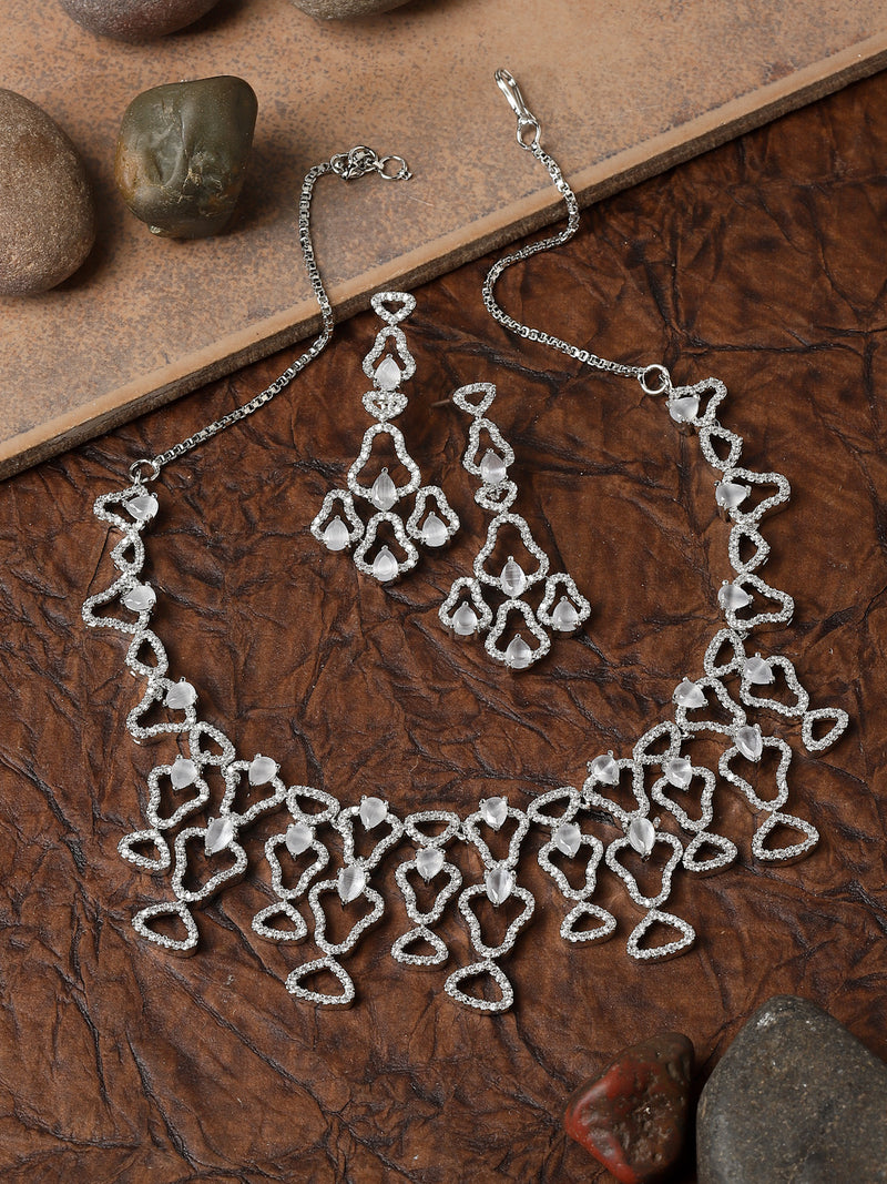 Rhodium-Plated Grey American Diamond Studded Quirky Design Necklace with Earrings Jewellery Set