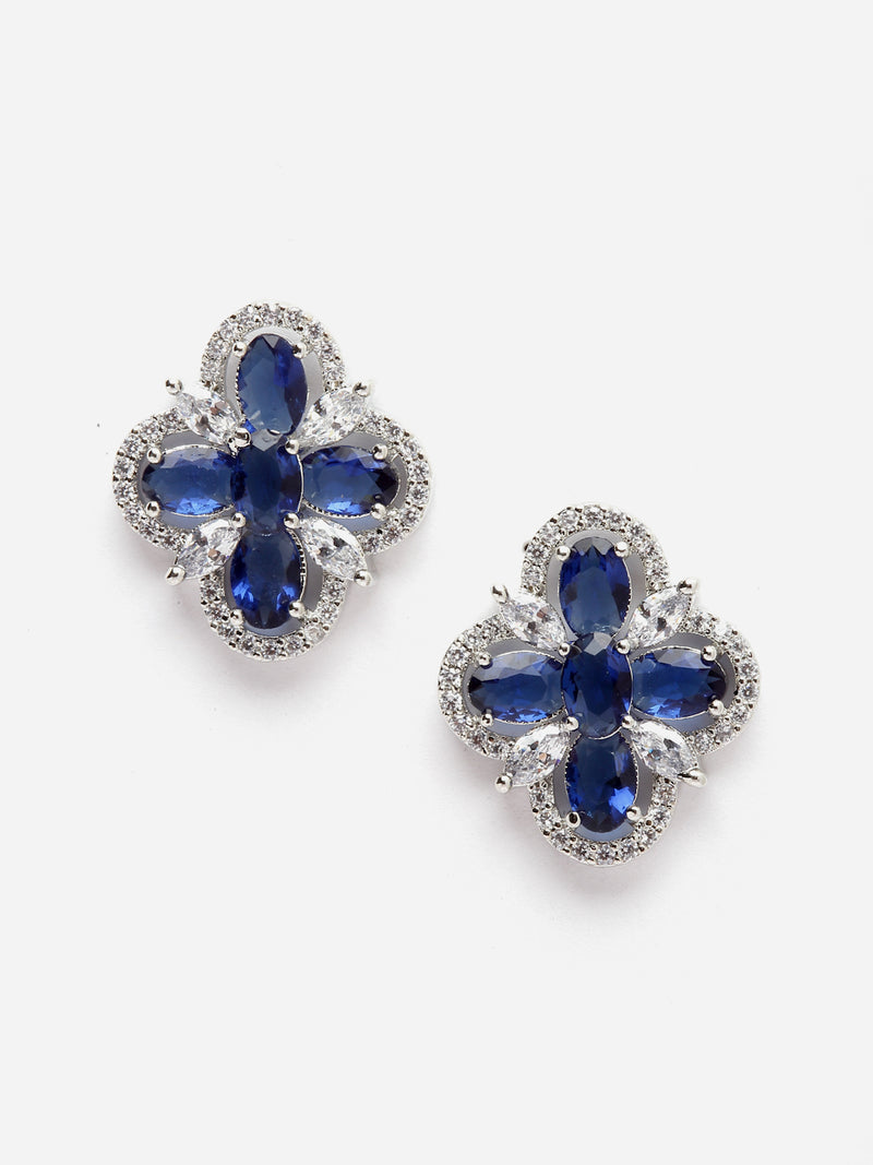 Rhodium-Plated Navy Blue American Diamond studded Floral Shaped Stud Earrings
