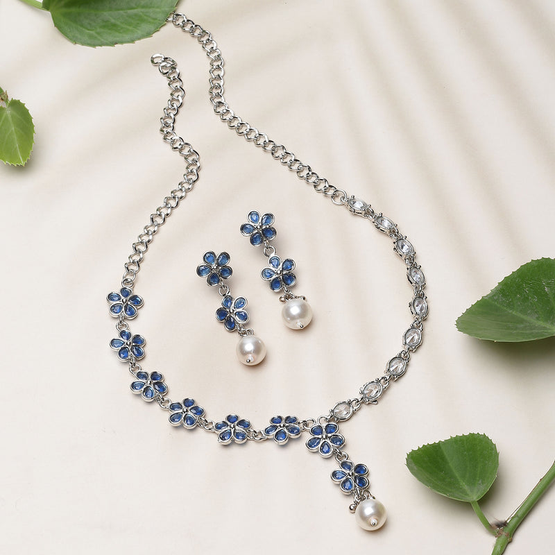 Rhodium-Plated Navy Blue American Diamond & White Pearl Studded Floral Necklace & Earrings Jewellery Set