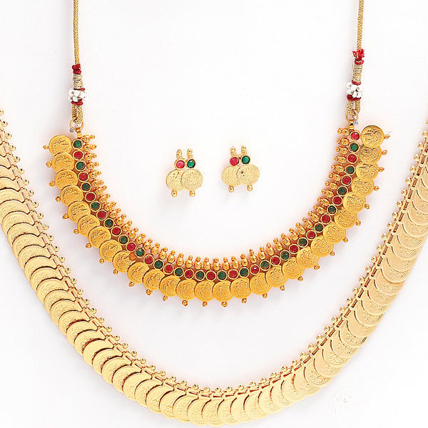 Gold-Plated Long Maharani Temple Coin Necklace Short Red & Green Stone Studded & Peacock Design Beaded Bracelet with Earrings Jewellery Set