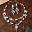 Rhodium-Plated Pink American Diamond Studded Abstract Necklace & Earrings Jewellery Set