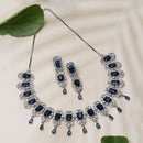 Rhodium-Plated Navy Blue American Diamonds Studded Teardrop & Cubical Necklace & Earrings Jewellery Set