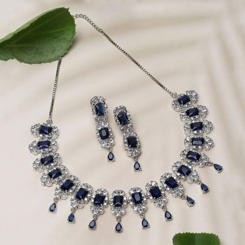 Rhodium-Plated Navy Blue American Diamonds Studded Teardrop & Cubical Necklace & Earrings Jewellery Set