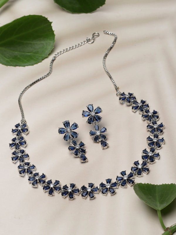 Rhodium-Plated Navy Blue American Diamonds Studded Floral Necklace & Earrings Jewellery Set