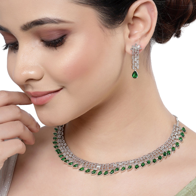 Rhodium-Plated with Silver-Toned Green and White American Diamond Studded Necklace & Earrings Jewellery Set