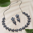 Rhodium-Plated Navy Blue American Diamonds Studded Floral Necklace & Earrings Jewellery Set