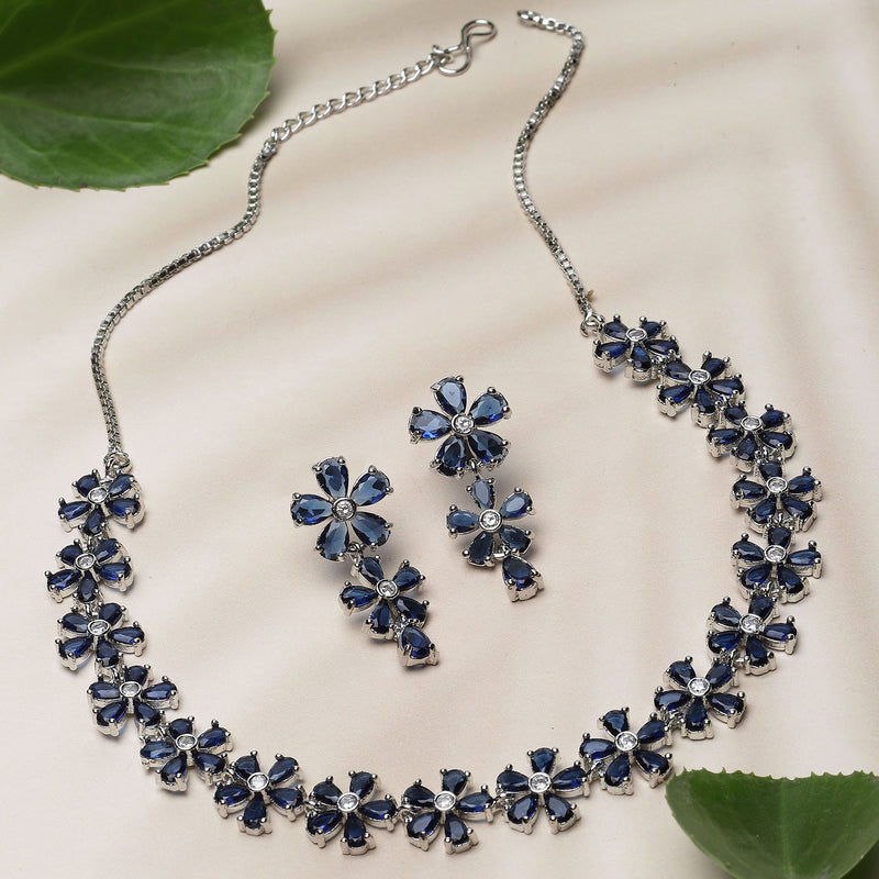 Rhodium-Plated Navy Blue American Diamonds Studded Floral Necklace & Earrings Jewellery Set
