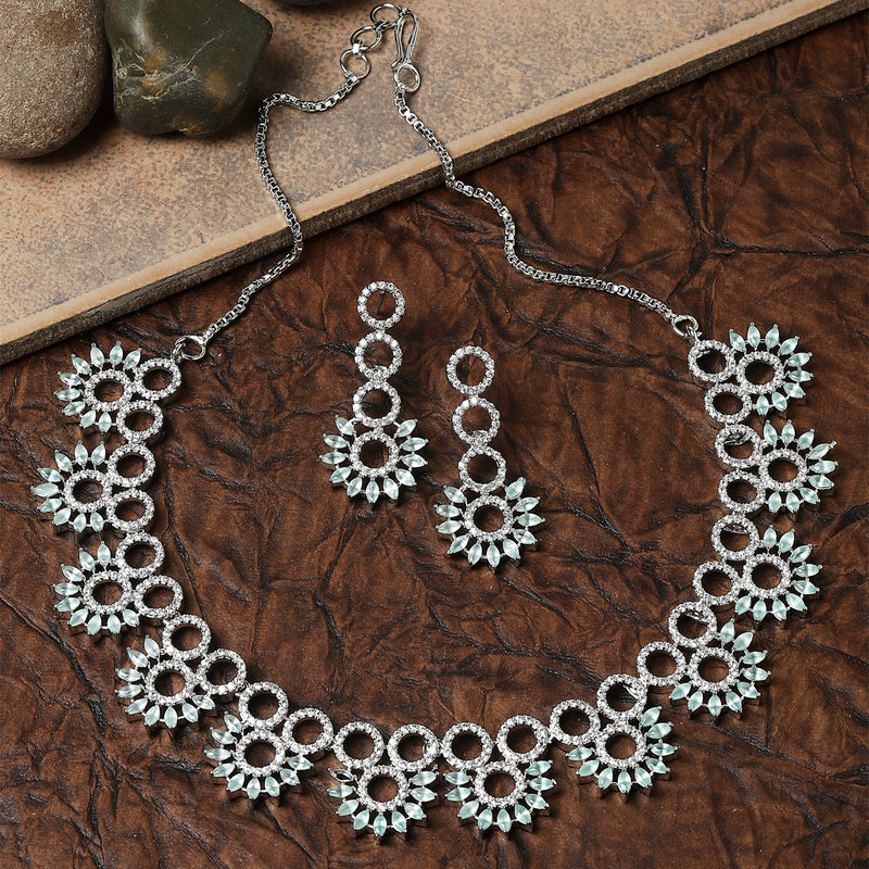 Rhodium-Plated Sea Green American Diamond Studded Classic Necklace with Earrings Jewellery Set