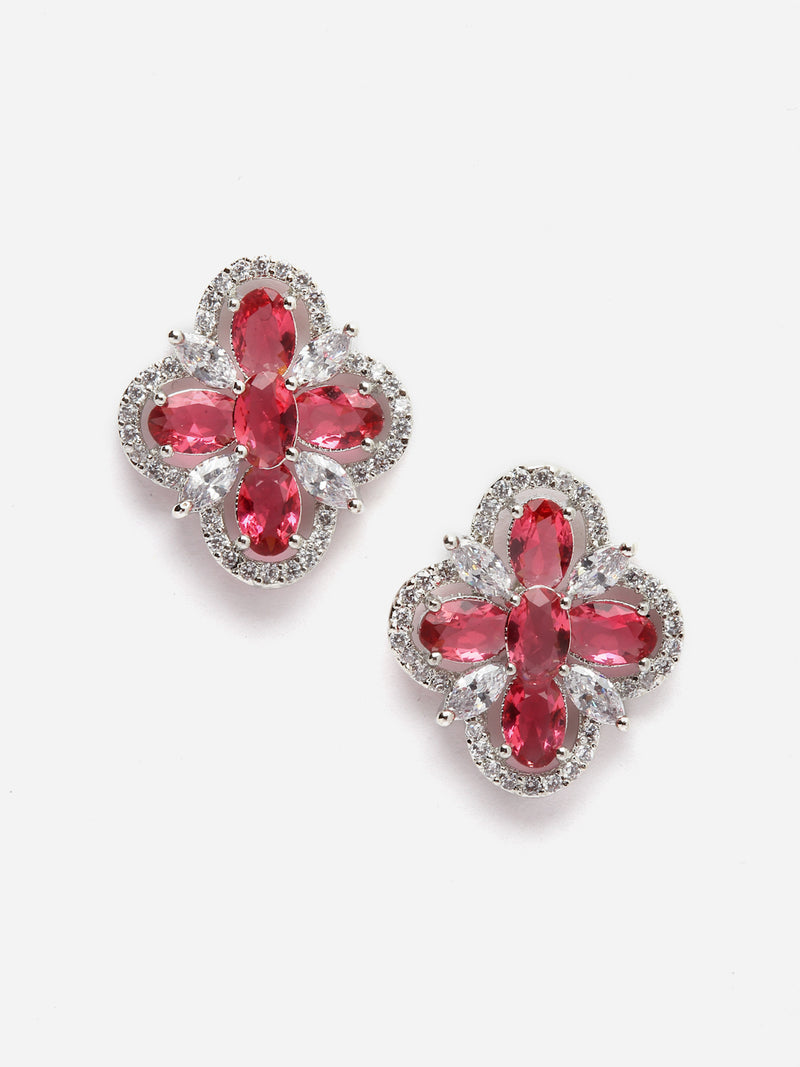 Rhodium-Plated Red American Diamond studded Floral Shaped Stud Earrings