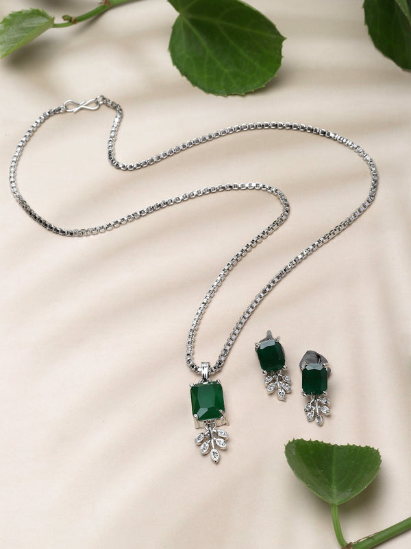 Rhodium-Plated Green American Diamond Studded Square & Leaf Shaped Pendant with Earrings Jewellery Set