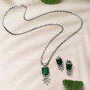 Rhodium-Plated Green American Diamond Studded Square & Leaf Shaped Pendant with Earrings Jewellery Set