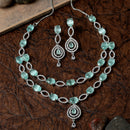 Rhodium-Plated Sea Green American Diamond Studded Abstract Necklace & Earrings Jewellery Set