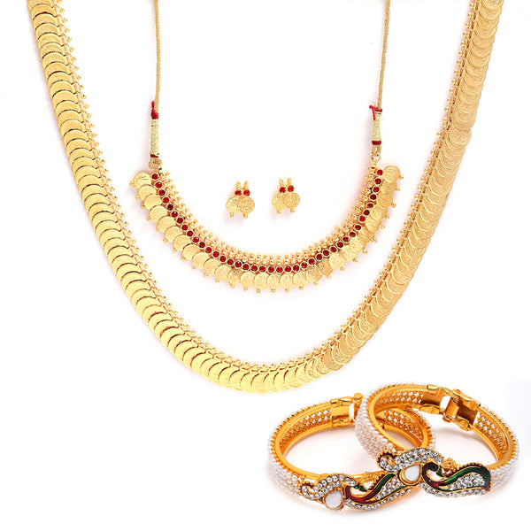 Gold-Plated Peacock Red & Green Temple Coin Jewellery Set with Bangles & Earrings