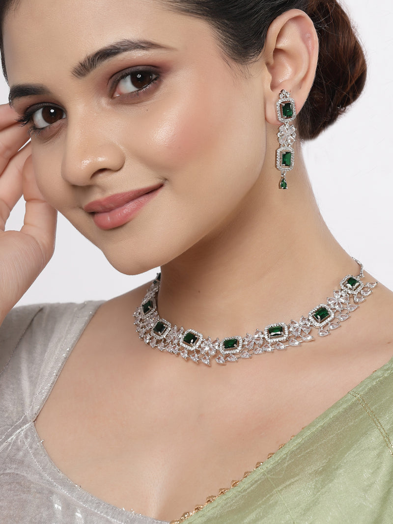 Rhodium-Plated with Silver-Toned Green and White American Diamond Studded Necklace and Earrings Jewellery Set