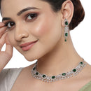 Rhodium-Plated with Silver-Toned Green and White American Diamond Studded Necklace and Earrings Jewellery Set