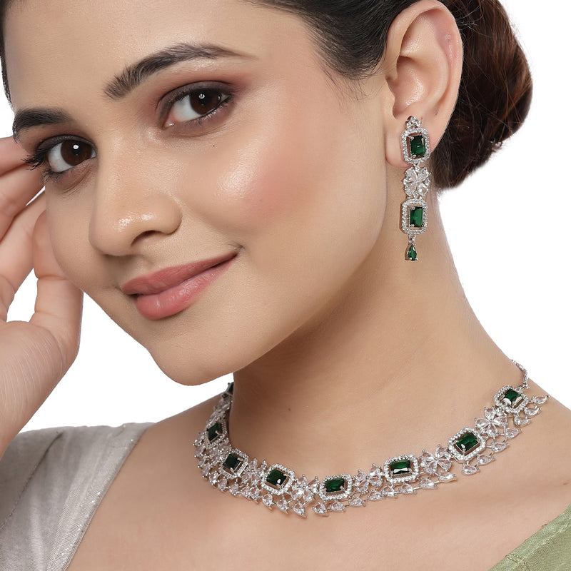 Rhodium-Plated with Silver-Toned Green and White American Diamond Studded Necklace and Earrings Jewellery Set