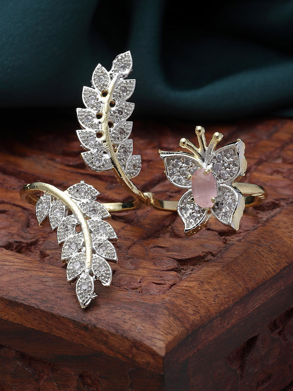 Gold-Plated Pink & White American Diamond Studded Butterfly & Leaf Shaped Adjustable Finger Ring