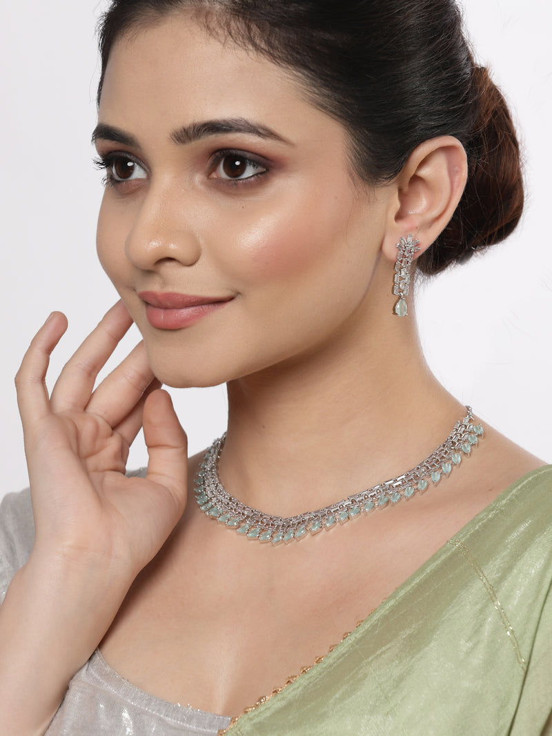 Rhodium-Plated with Silver-Toned Sea Green and White American Diamond Studded Necklace & Earrings Jewellery Set