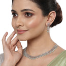 Rhodium-Plated with Silver-Toned Sea Green and White American Diamond Studded Necklace & Earrings Jewellery Set