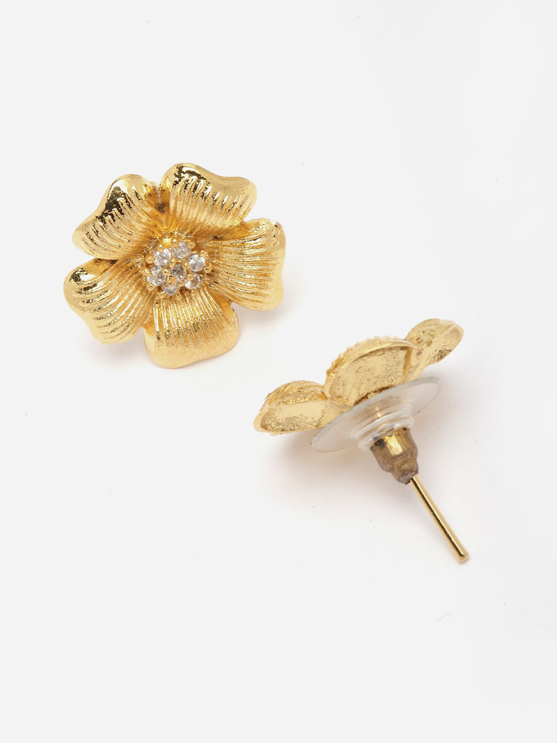 Gold-Plated White American Diamond studded Floral Shaped Stud Earrings