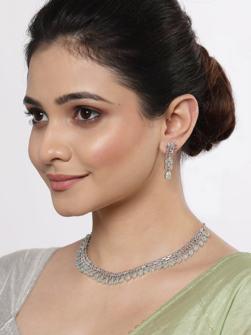 Rhodium-Plated with Silver-Toned Sea Green and White American Diamond Studded Necklace & Earrings Jewellery Set