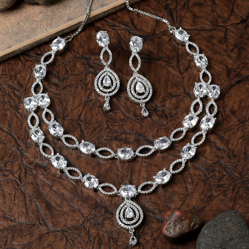 Rhodium-Plated White American Diamond Studded Abstract Necklace & Earrings Jewellery Set