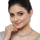 Rhodium-Plated with Silver-Toned Sea Green and White American Diamond Studded Necklace and Earrings Jewellery Set