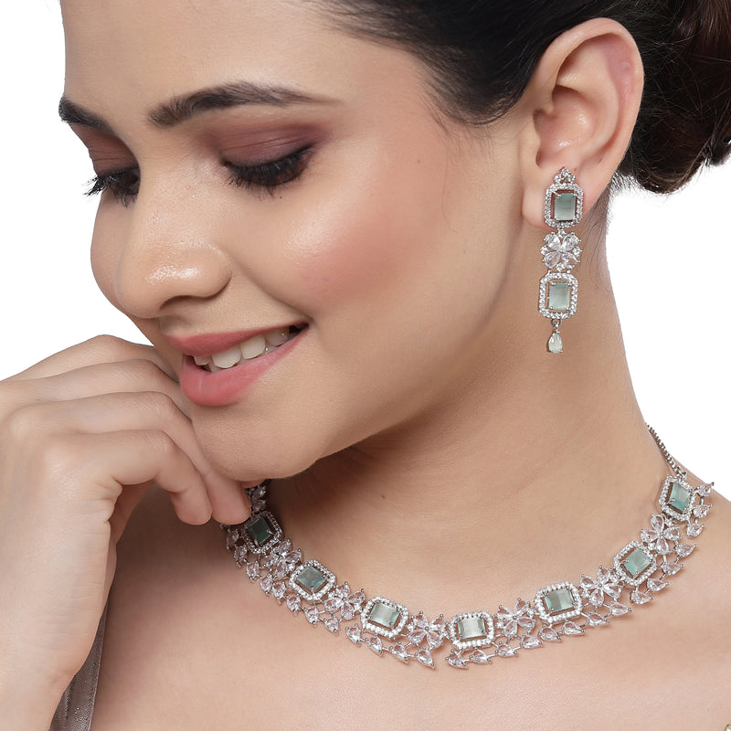 Rhodium-Plated with Silver-Toned Sea Green and White American Diamond Studded Necklace and Earrings Jewellery Set