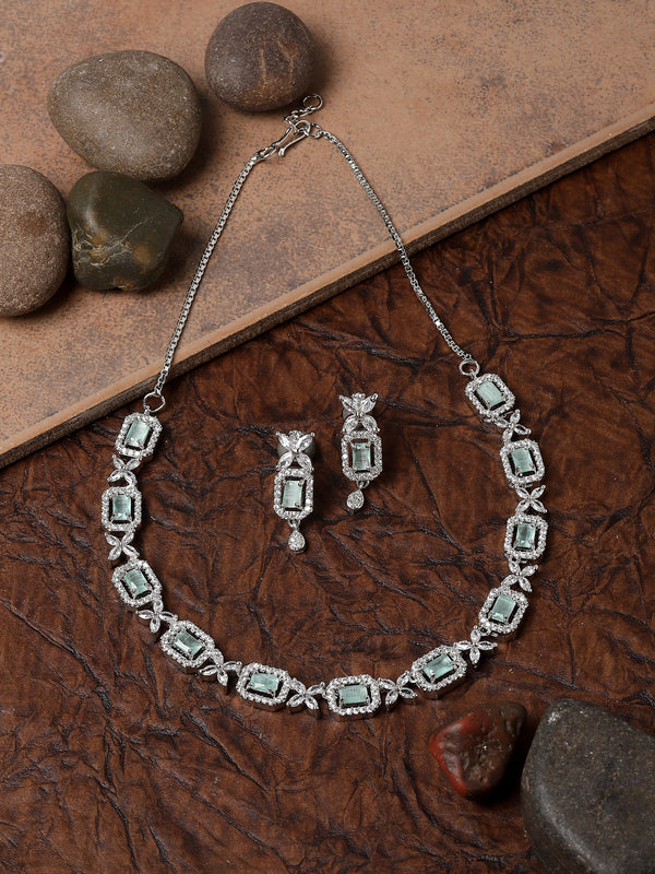 Rhodium-Plated Sea Green American Diamonds Studded Cubical Necklace & Earrings Jewellery Set