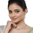 Rhodium-Plated with Silver-Toned White American Diamond Studded Necklace and Earrings Jewellery Set