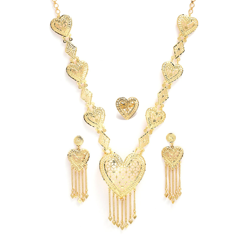 Gold-Plated Heart Shaped Necklace With Ring & Earring