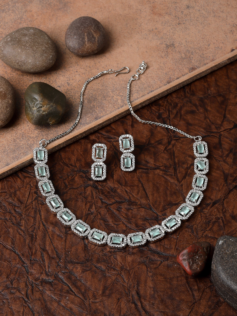 Rhodium-Plated Sea Green American Diamonds Studded Quadrate Shaped Necklace & Earrings Jewellery Set