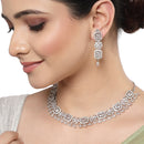 Rhodium-Plated with Silver-Toned White American Diamond Studded Necklace and Earrings Jewellery Set